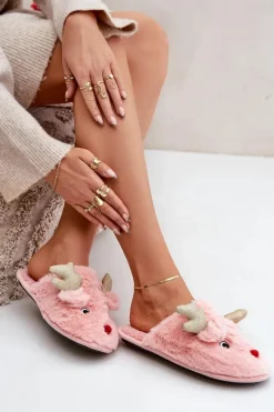 Hot Kapcie Świąteczne Z Motywem Renifera Futrzane Różowe Asielle Damskie Kapcie Klasyczne