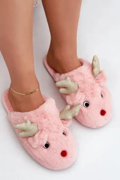 Hot Kapcie Świąteczne Z Motywem Renifera Futrzane Różowe Asielle Damskie Kapcie Klasyczne