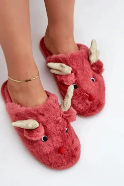 Outlet Boto Kapcie Świąteczne Z Motywem Renifera Futrzane Koralowe Asielle Czerwony