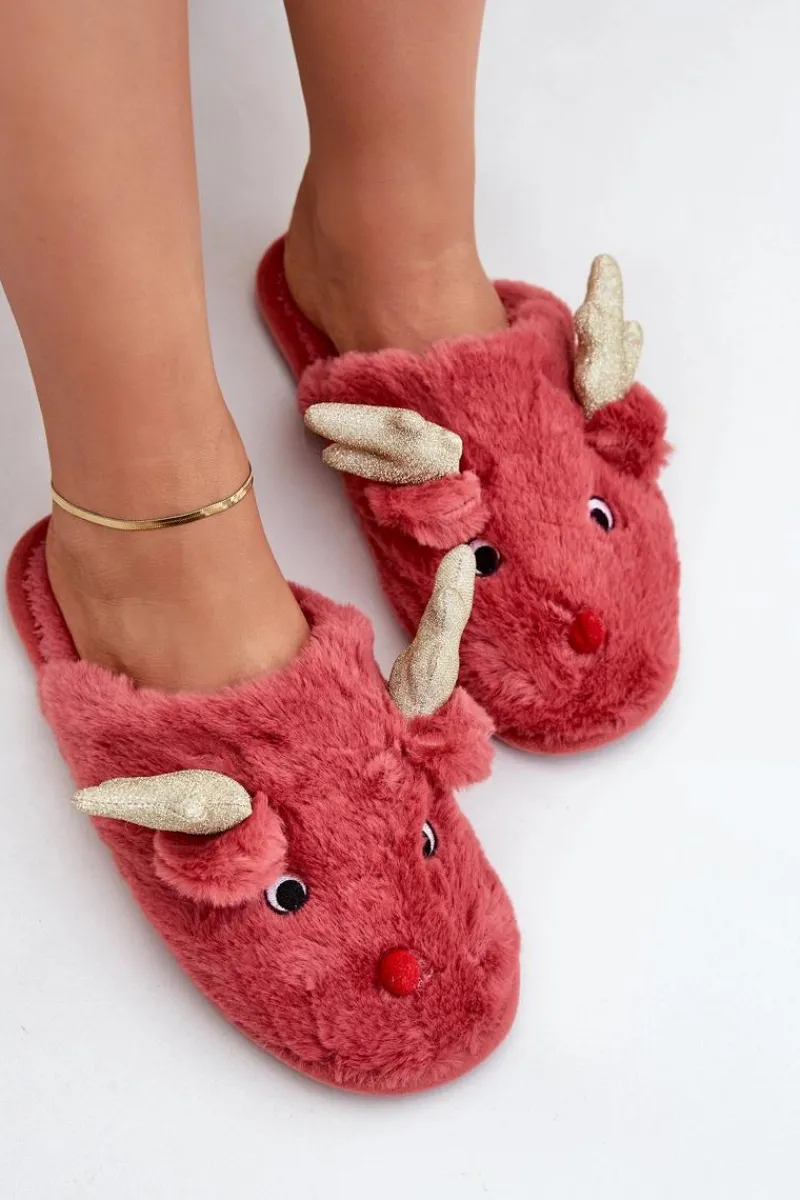 Outlet Boto Kapcie Świąteczne Z Motywem Renifera Futrzane Koralowe Asielle Czerwony