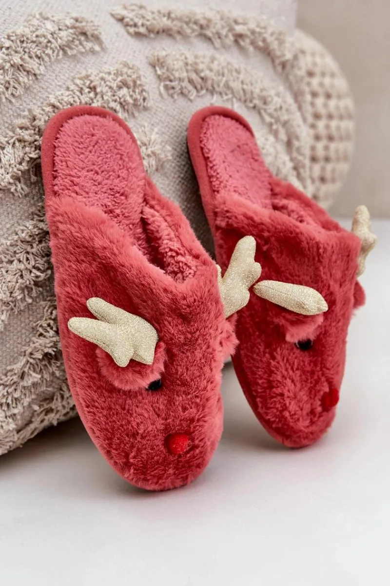 Outlet Boto Kapcie Świąteczne Z Motywem Renifera Futrzane Koralowe Asielle Czerwony