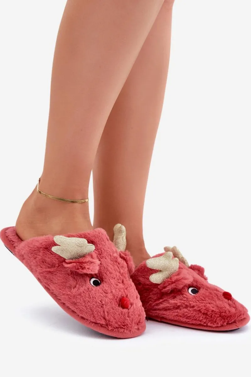 Outlet Boto Kapcie Świąteczne Z Motywem Renifera Futrzane Koralowe Asielle Czerwony