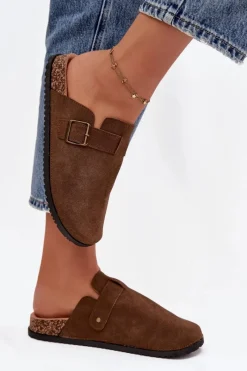 Sale Klapki Chodaki Damskie i Na Platformie Z Klamrą Brązowe Selio Damskie Klapki Korkowe|Klapki Na Platformie