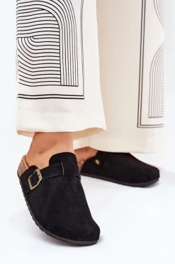 Outlet Boto Klapki Chodaki Damskie i Na Platformie Z Klamrą Czarne Selio Czarny