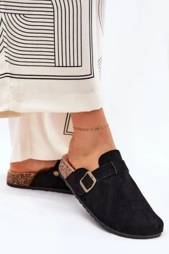 Outlet Boto Klapki Chodaki Damskie i Na Platformie Z Klamrą Czarne Selio Czarny