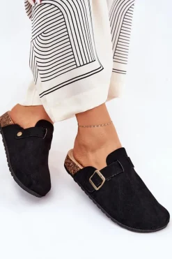 Outlet Boto Klapki Chodaki Damskie i Na Platformie Z Klamrą Czarne Selio Czarny