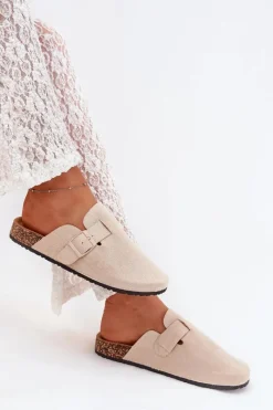 Klapki Chodaki Damskie i Na Korkowej Platformie Z Klamrą Jasnobeżowe Klarae Damskie Klapki Korkowe|Klapki Na Platformie