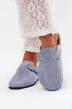 New Boto Klapki Chodaki Damskie i Na Korkowej Platformie Z Klamrą Niebieskie Klarae