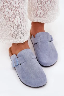 New Boto Klapki Chodaki Damskie i Na Korkowej Platformie Z Klamrą Niebieskie Klarae