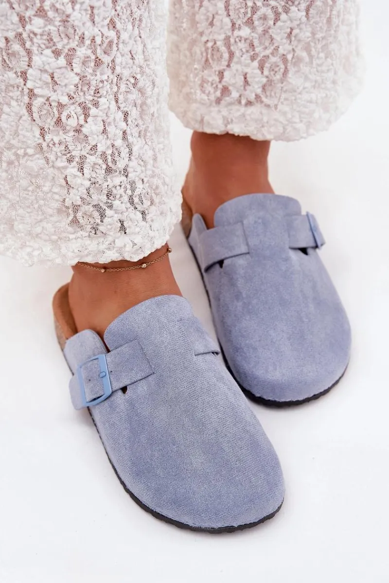 New Boto Klapki Chodaki Damskie i Na Korkowej Platformie Z Klamrą Niebieskie Klarae