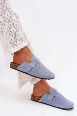 New Boto Klapki Chodaki Damskie i Na Korkowej Platformie Z Klamrą Niebieskie Klarae