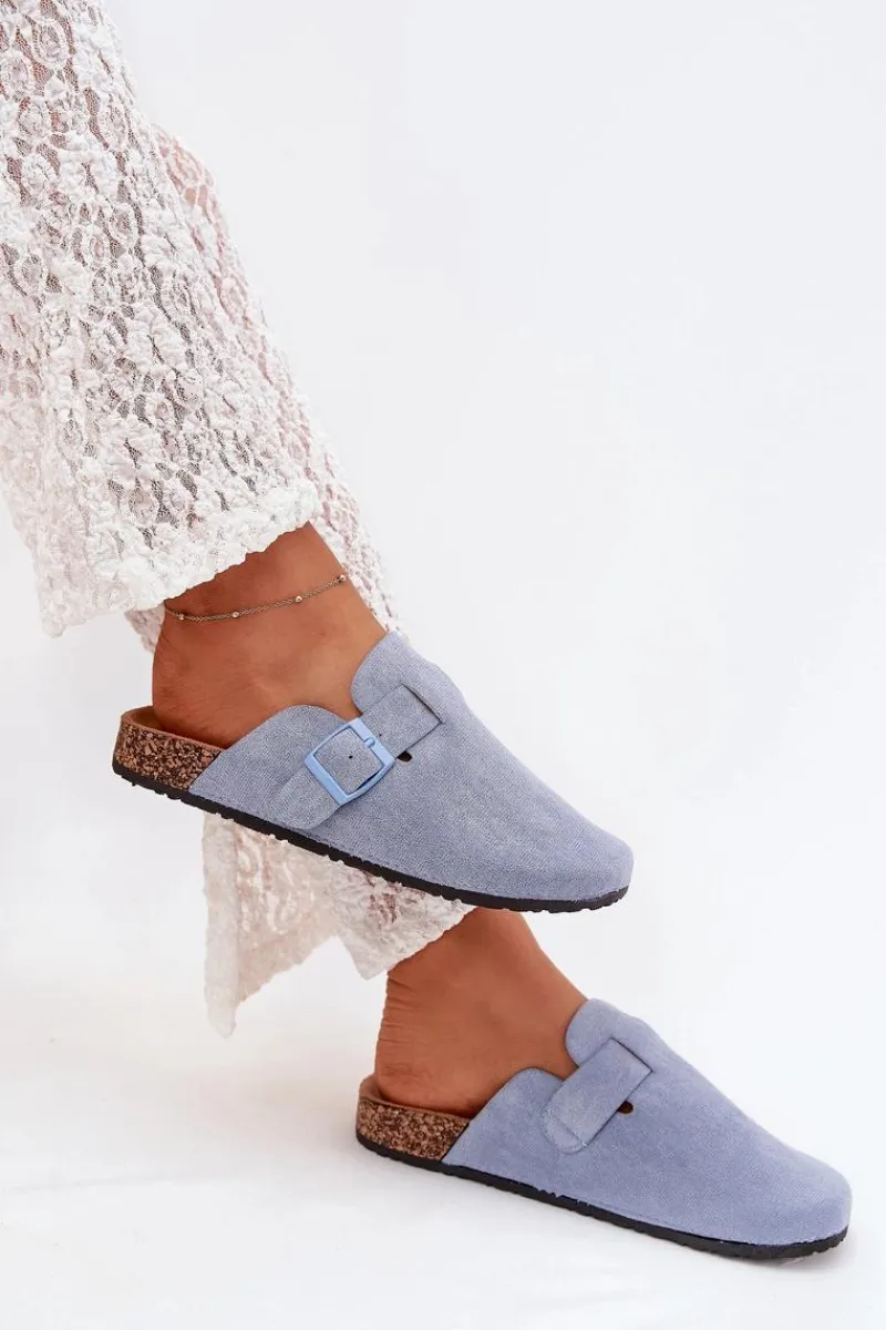 New Boto Klapki Chodaki Damskie i Na Korkowej Platformie Z Klamrą Niebieskie Klarae