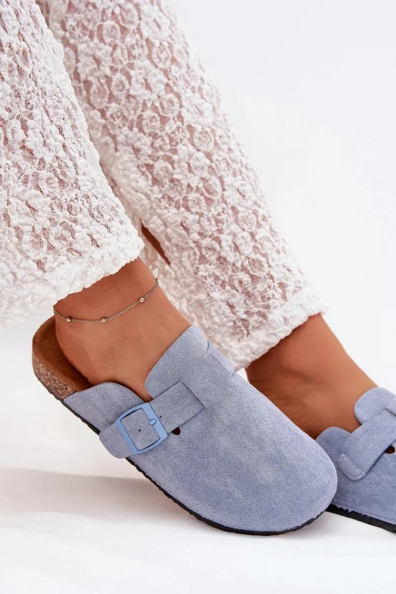 New Boto Klapki Chodaki Damskie i Na Korkowej Platformie Z Klamrą Niebieskie Klarae