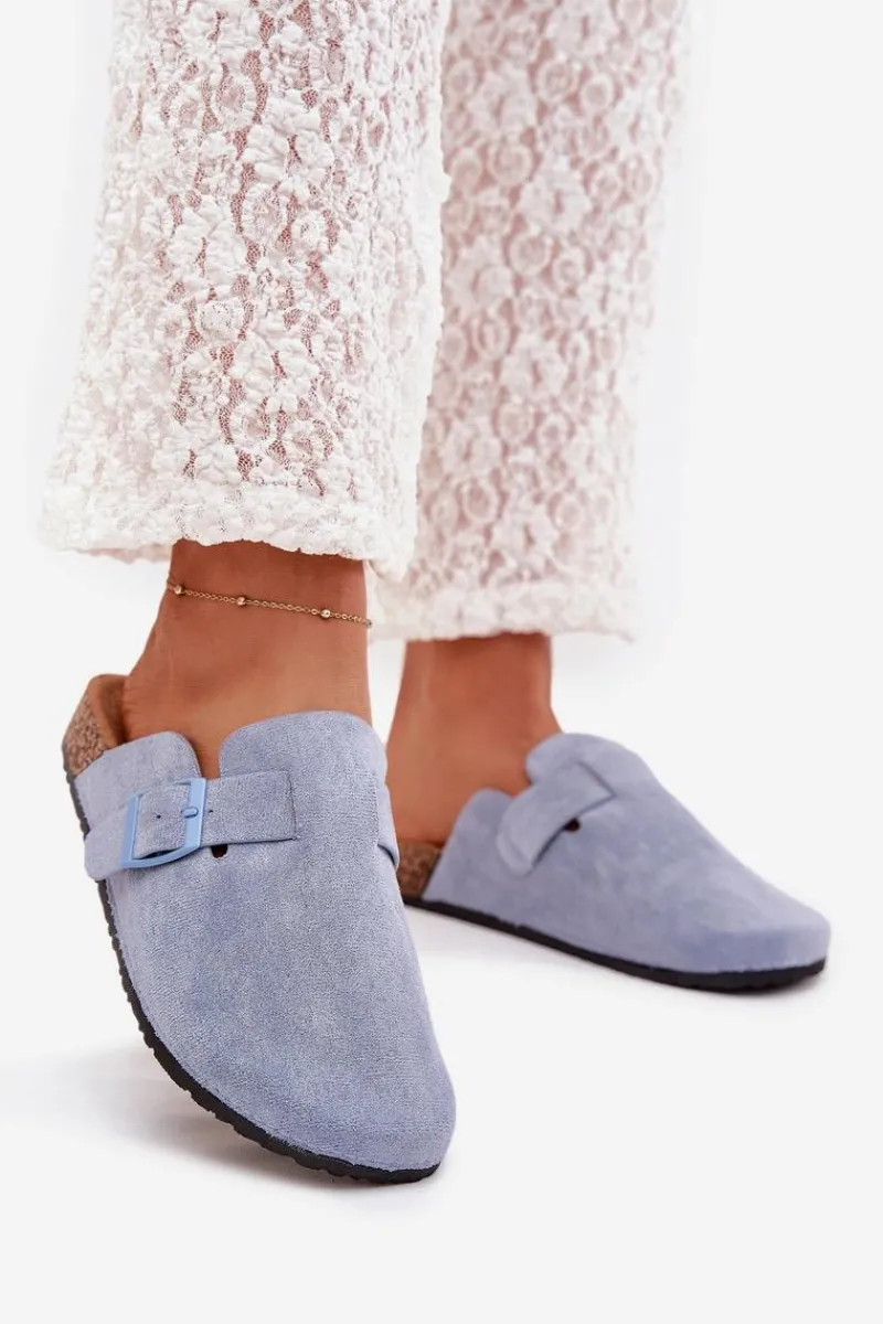 New Boto Klapki Chodaki Damskie i Na Korkowej Platformie Z Klamrą Niebieskie Klarae