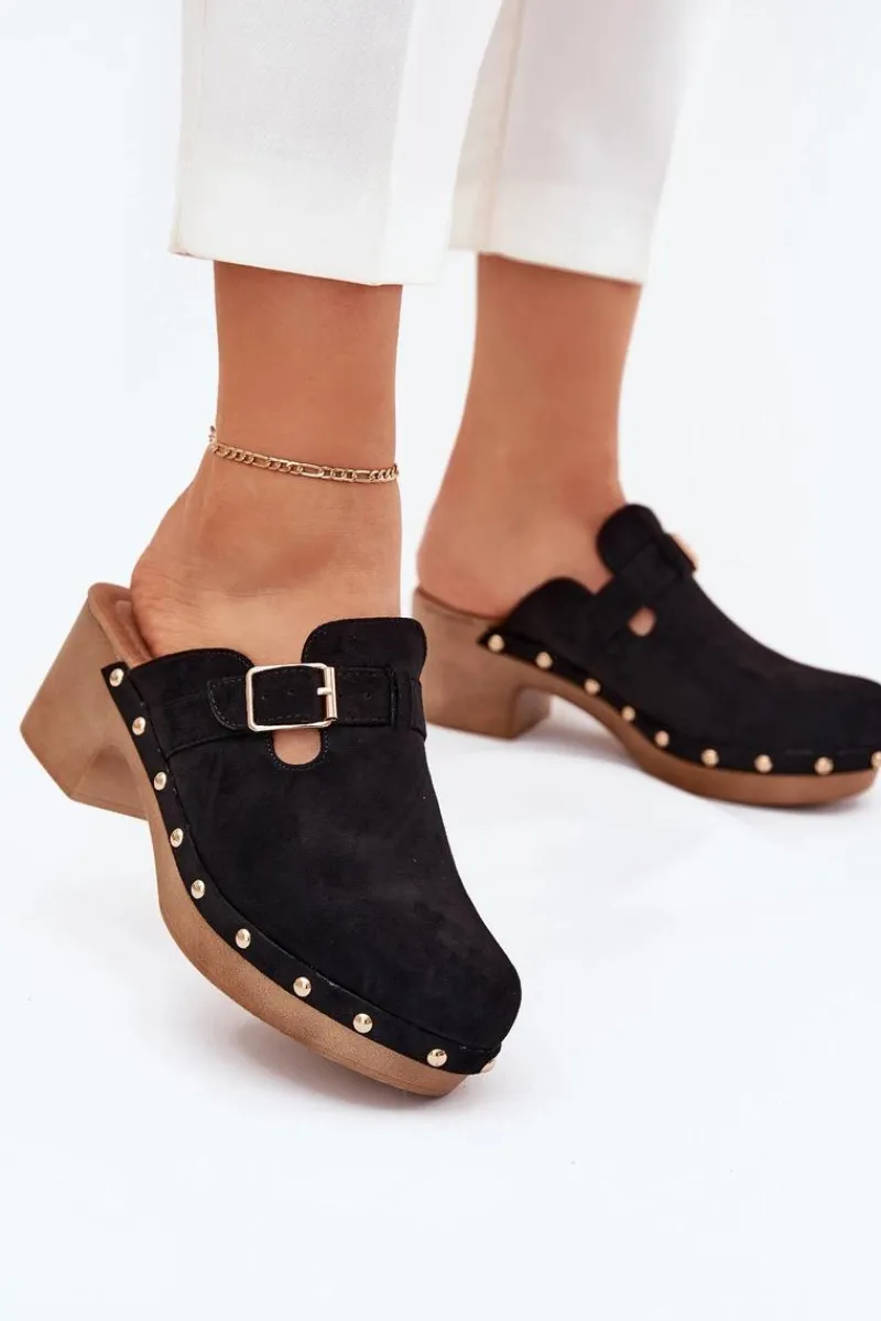 Hot Boto Klapki Chodaki Damskie Na Obcasie Z Klamrą Czarne Veldexina Czarny