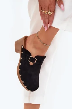 Hot Boto Klapki Chodaki Damskie Na Obcasie Z Klamrą Czarne Veldexina Czarny