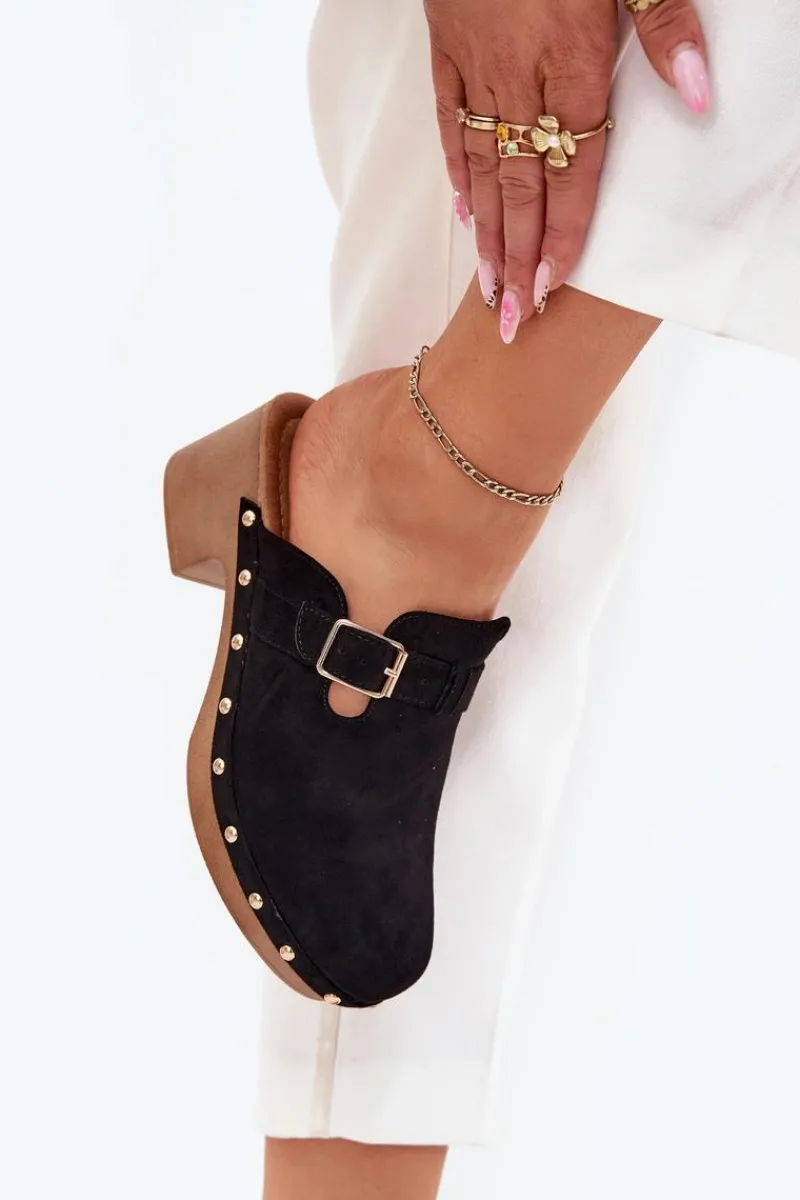 Hot Boto Klapki Chodaki Damskie Na Obcasie Z Klamrą Czarne Veldexina Czarny