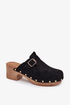 Hot Boto Klapki Chodaki Damskie Na Obcasie Z Klamrą Czarne Veldexina Czarny