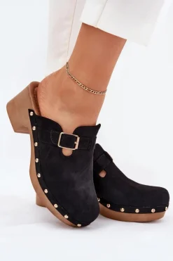 Hot Boto Klapki Chodaki Damskie Na Obcasie Z Klamrą Czarne Veldexina Czarny