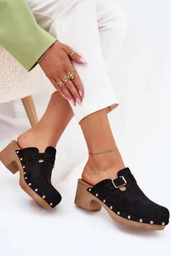 Hot Boto Klapki Chodaki Damskie Na Obcasie Z Klamrą Czarne Veldexina Czarny