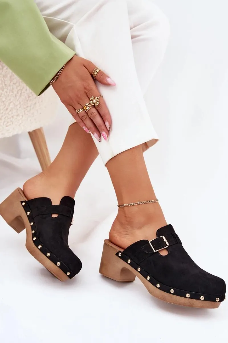 Hot Boto Klapki Chodaki Damskie Na Obcasie Z Klamrą Czarne Veldexina Czarny