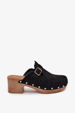 Hot Boto Klapki Chodaki Damskie Na Obcasie Z Klamrą Czarne Veldexina Czarny