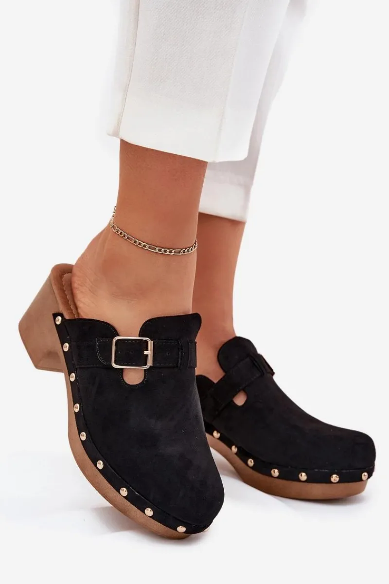 Hot Boto Klapki Chodaki Damskie Na Obcasie Z Klamrą Czarne Veldexina Czarny