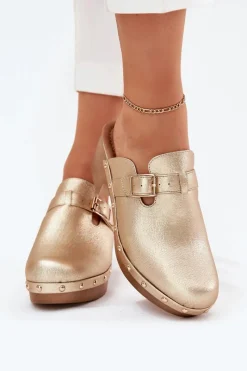 Best Klapki Chodaki Damskie Na Obcasie Z Klamrą Złote Veldexina Damskie Klapki Na Obcasie|Klapki Damskie Klasyczne