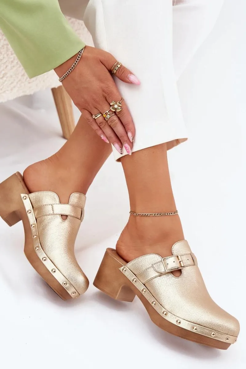 Best Klapki Chodaki Damskie Na Obcasie Z Klamrą Złote Veldexina Damskie Klapki Na Obcasie|Klapki Damskie Klasyczne