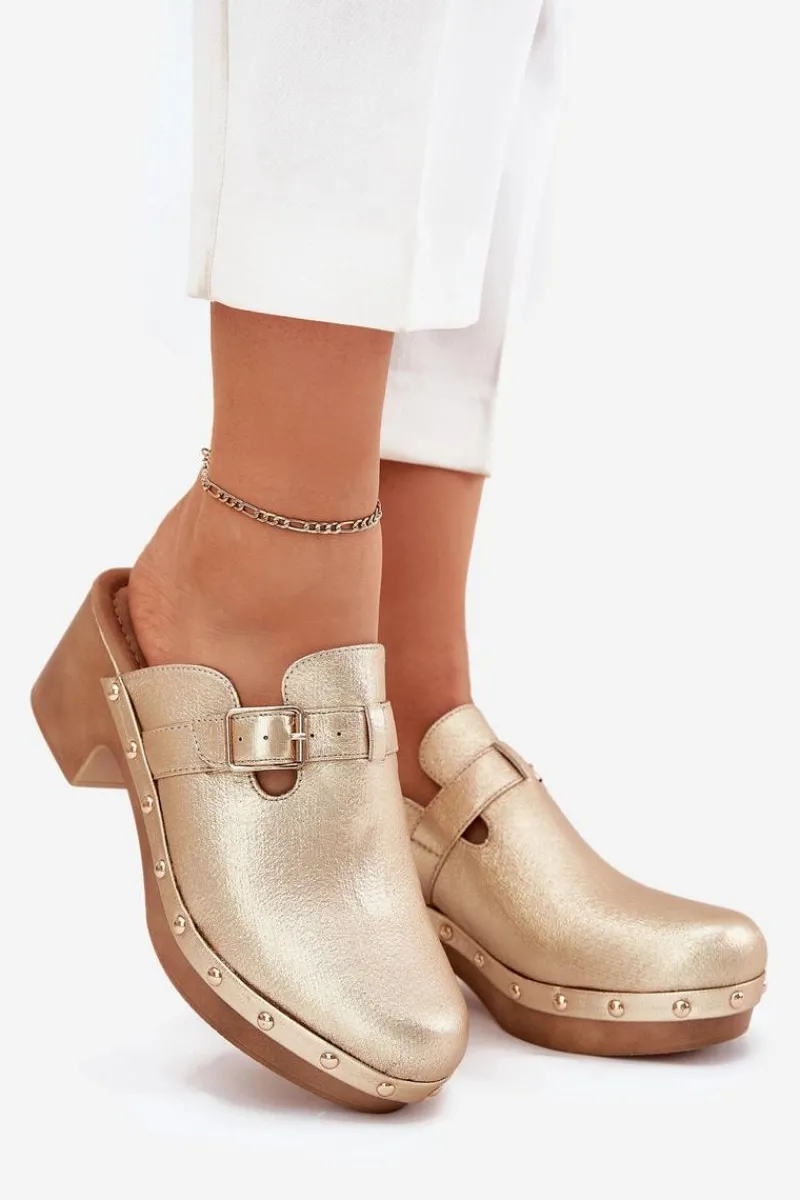 Best Klapki Chodaki Damskie Na Obcasie Z Klamrą Złote Veldexina Damskie Klapki Na Obcasie|Klapki Damskie Klasyczne