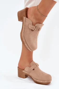 Online Klapki Chodaki Damskie Na Obcasie Z Klamrą Beżowe Veldexina Damskie Klapki Na Obcasie|Klapki Damskie Klasyczne