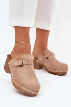 Online Klapki Chodaki Damskie Na Obcasie Z Klamrą Beżowe Veldexina Damskie Klapki Na Obcasie|Klapki Damskie Klasyczne
