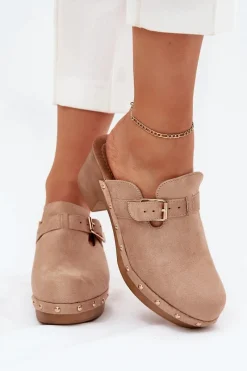 Online Klapki Chodaki Damskie Na Obcasie Z Klamrą Beżowe Veldexina Damskie Klapki Na Obcasie|Klapki Damskie Klasyczne