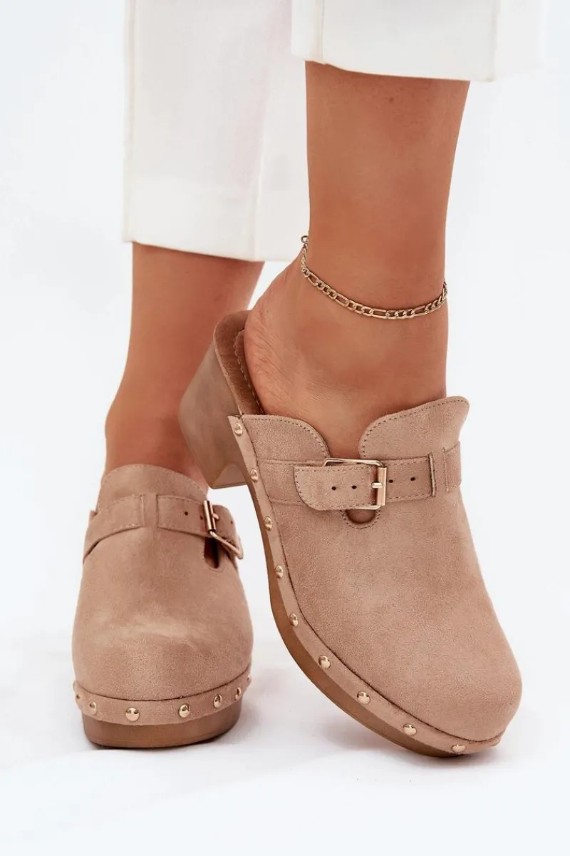 Online Klapki Chodaki Damskie Na Obcasie Z Klamrą Beżowe Veldexina Damskie Klapki Na Obcasie|Klapki Damskie Klasyczne