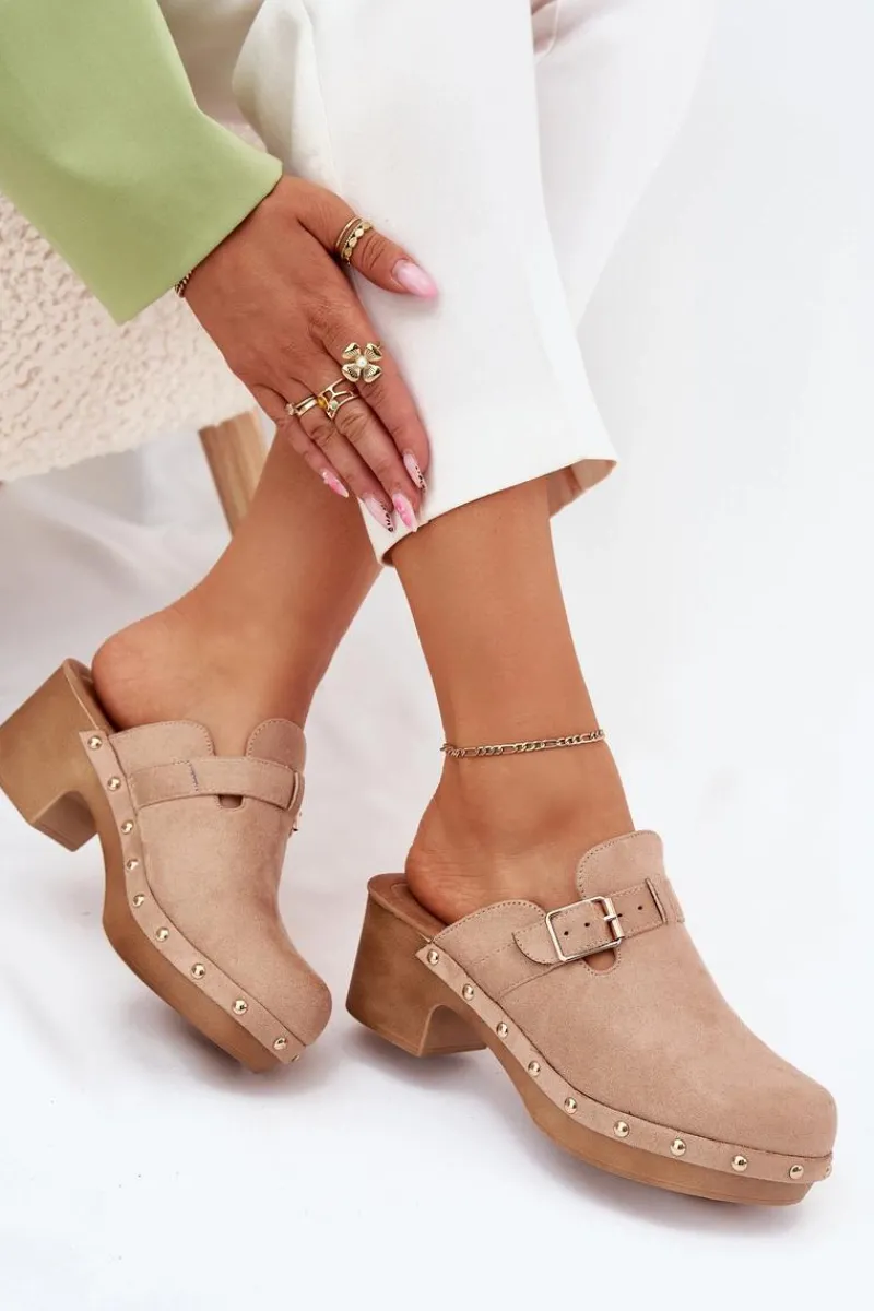 Online Klapki Chodaki Damskie Na Obcasie Z Klamrą Beżowe Veldexina Damskie Klapki Na Obcasie|Klapki Damskie Klasyczne