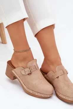 Online Klapki Chodaki Damskie Na Obcasie Z Klamrą Beżowe Veldexina Damskie Klapki Na Obcasie|Klapki Damskie Klasyczne