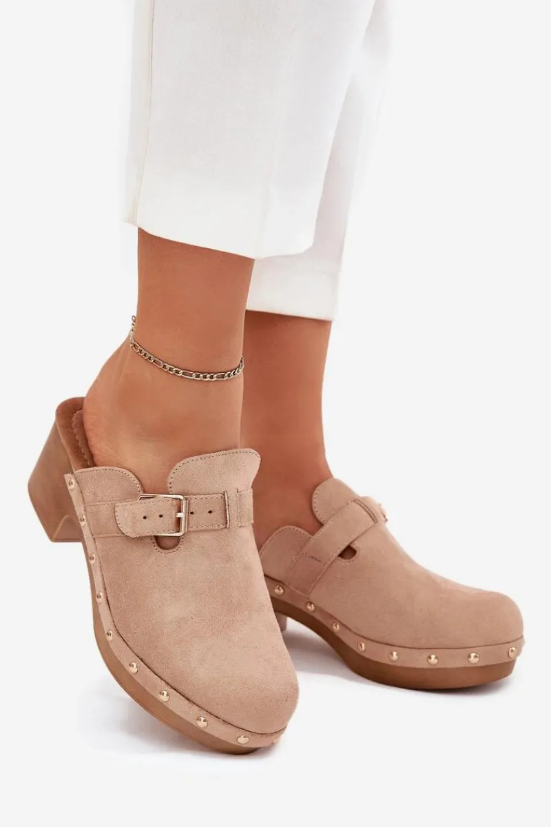 Online Klapki Chodaki Damskie Na Obcasie Z Klamrą Beżowe Veldexina Damskie Klapki Na Obcasie|Klapki Damskie Klasyczne