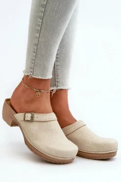 New Klapki Chodaki Damskie Na Niskim Obcasie BL000004 Beżowe Damskie Klapki Na Obcasie|Klapki Damskie Klasyczne