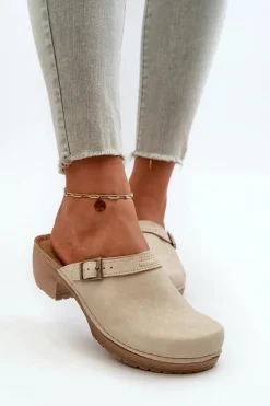 New Klapki Chodaki Damskie Na Niskim Obcasie BL000004 Beżowe Damskie Klapki Na Obcasie|Klapki Damskie Klasyczne