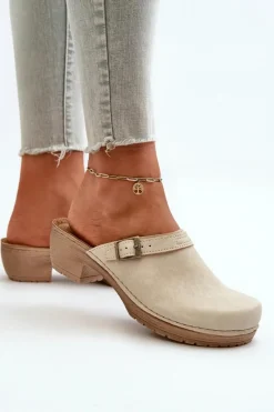 New Klapki Chodaki Damskie Na Niskim Obcasie BL000004 Beżowe Damskie Klapki Na Obcasie|Klapki Damskie Klasyczne