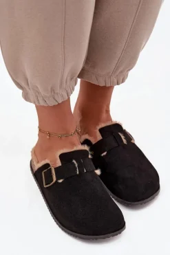 Sale Boto Klapki Chodaki Damskie Ocieplane Futerkiem Z Klamrą Czarne Sylisse Czarny