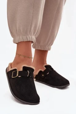 Sale Boto Klapki Chodaki Damskie Ocieplane Futerkiem Z Klamrą Czarne Sylisse Czarny