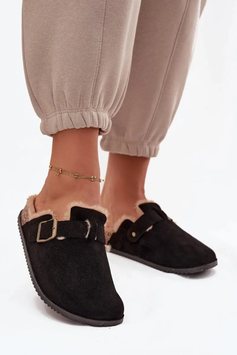 Sale Boto Klapki Chodaki Damskie Ocieplane Futerkiem Z Klamrą Czarne Sylisse Czarny