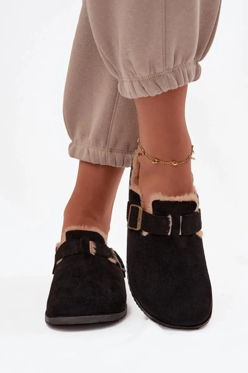 Sale Boto Klapki Chodaki Damskie Ocieplane Futerkiem Z Klamrą Czarne Sylisse Czarny