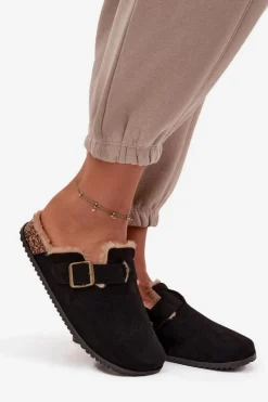 Sale Boto Klapki Chodaki Damskie Ocieplane Futerkiem Z Klamrą Czarne Sylisse Czarny