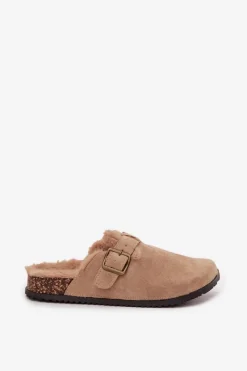 Hot Klapki Chodaki Damskie Ocieplane Futerkiem Z Klamrą Beżowe Sylisse Damskie Klapki Korkowe|Klapki Na Platformie