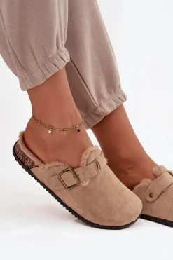 Hot Klapki Chodaki Damskie Ocieplane Futerkiem Z Klamrą Beżowe Sylisse Damskie Klapki Korkowe|Klapki Na Platformie