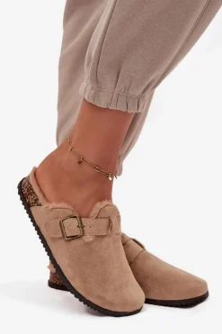 Hot Klapki Chodaki Damskie Ocieplane Futerkiem Z Klamrą Beżowe Sylisse Damskie Klapki Korkowe|Klapki Na Platformie