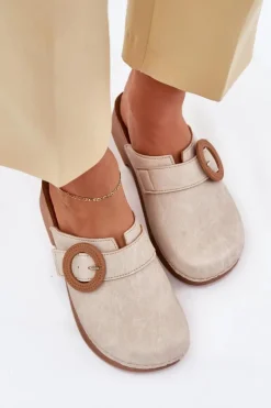 Klapki Damskie Klasyczne>INBLU Klapki Chodaki Damskie Z Klamrą TF000001 Beżowe