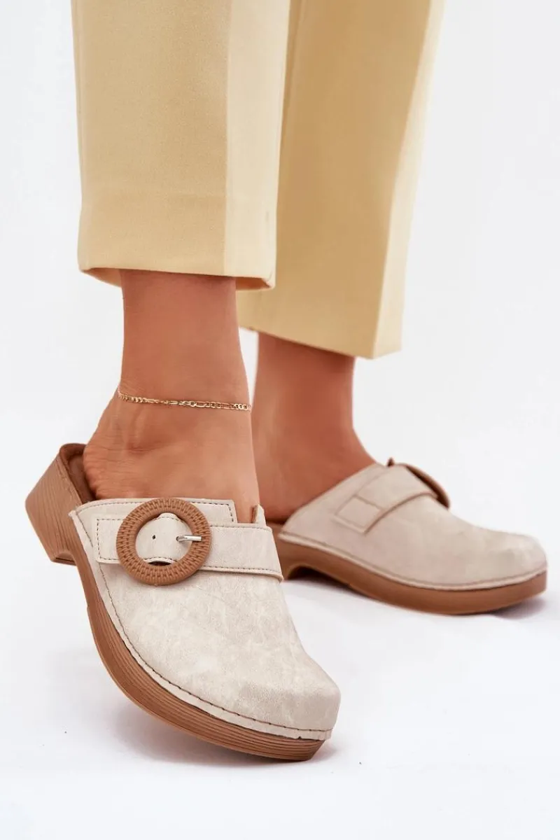 Klapki Damskie Klasyczne>INBLU Klapki Chodaki Damskie Z Klamrą TF000001 Beżowe